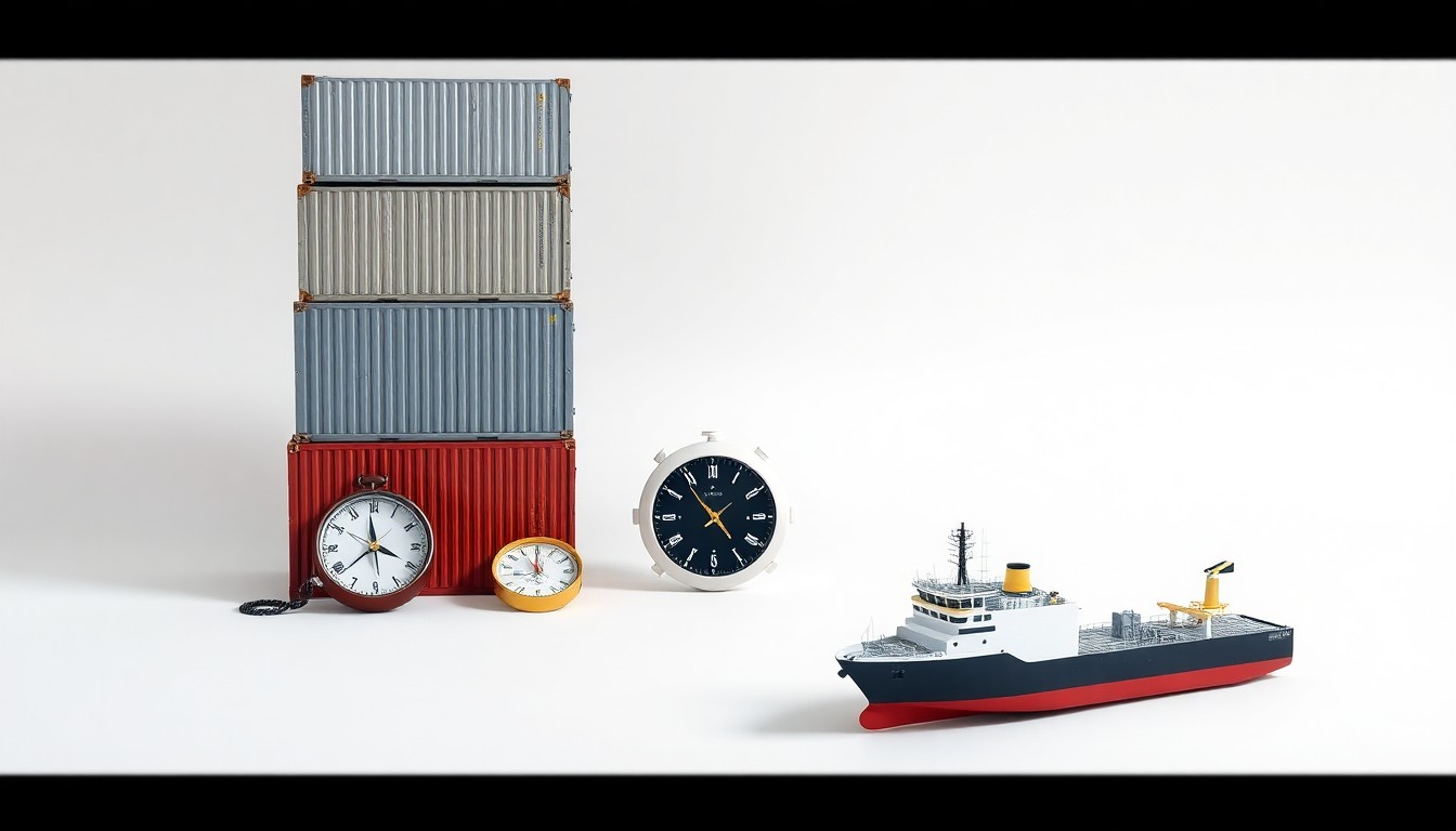 A minimalist studio still life photograph featuring a stack of shipping containers, a compass, and a model oil tanker ship, conceptually representing the challenges of global trade and supply chain logistics.