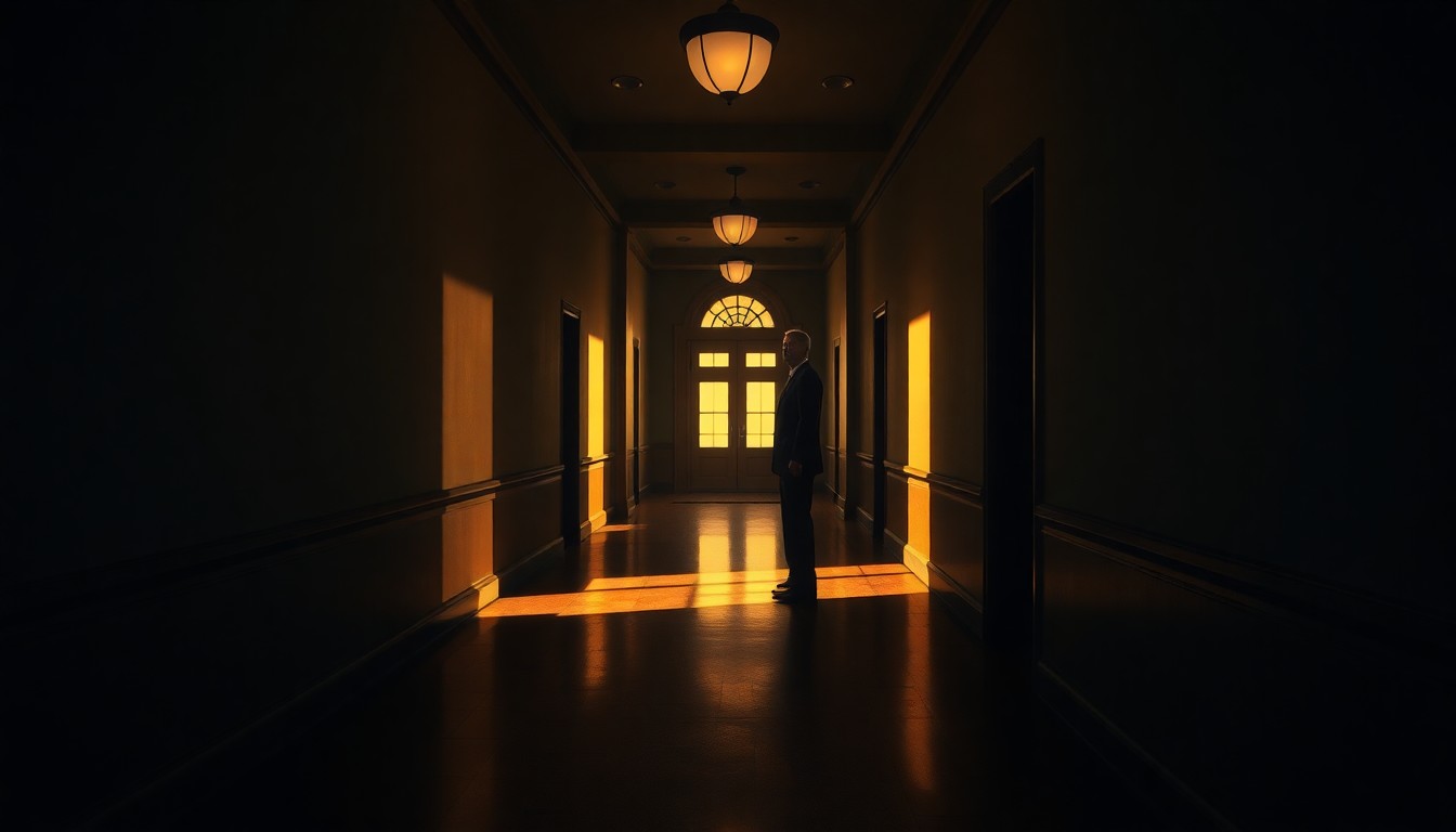 A cinematic painting in the style of Edward Hopper, depicting a solitary political figure standing in a dimly lit government building hallway, bathed in warm, diagonal sunlight and deep shadows, conveying a sense of contemplation and unease.