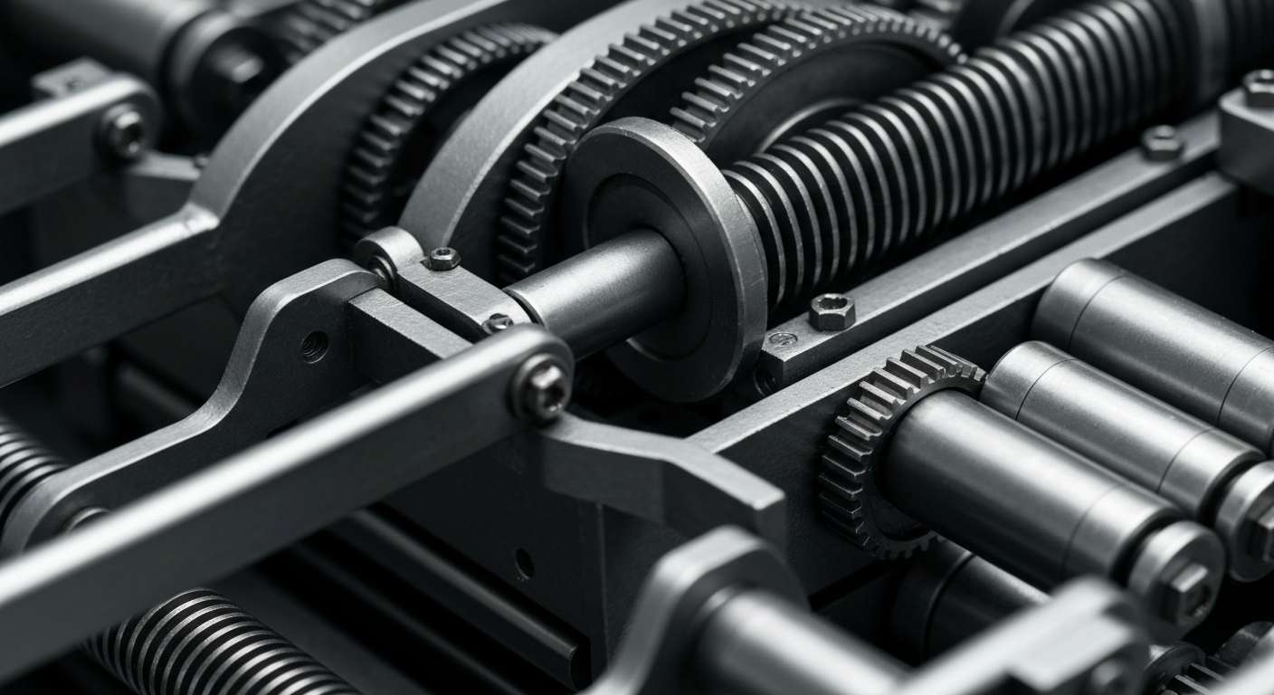 An extreme close-up photograph of the intricate gears, levers, and rollers of a mortgage processing machine, conveying the heavy, industrial nature of the financial infrastructure behind home lending.