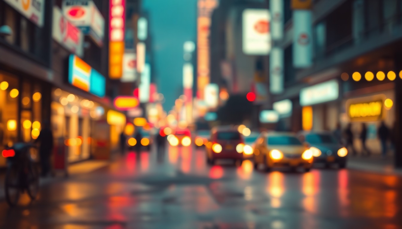 An extremely abstracted, out-of-focus photograph of a city street at night, with warm pools of light and color reflecting off the wet pavement, capturing the energy and movement of urban life in a dreamlike, nostalgic way.