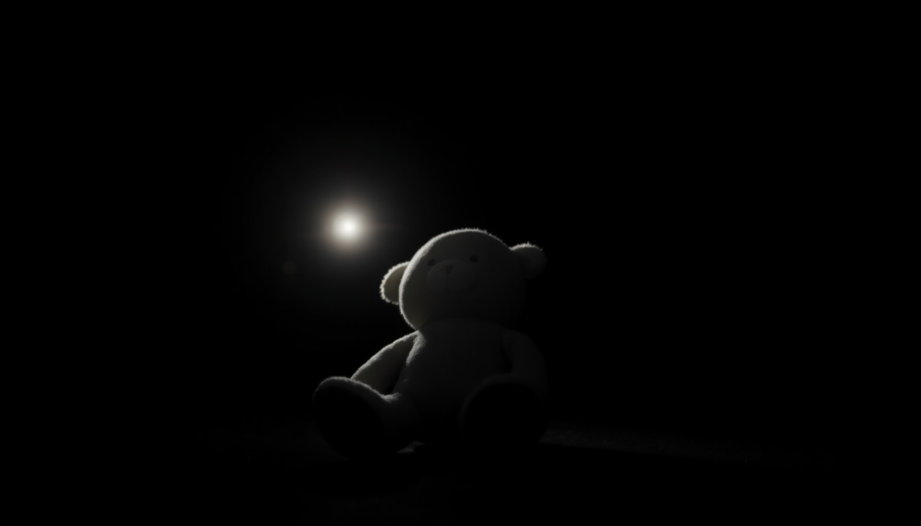 An extreme close-up of a small, worn child's toy, its features obscured by harsh shadows and dramatic lighting, conveying a sense of loss and the gravity of the situation without depicting violence.