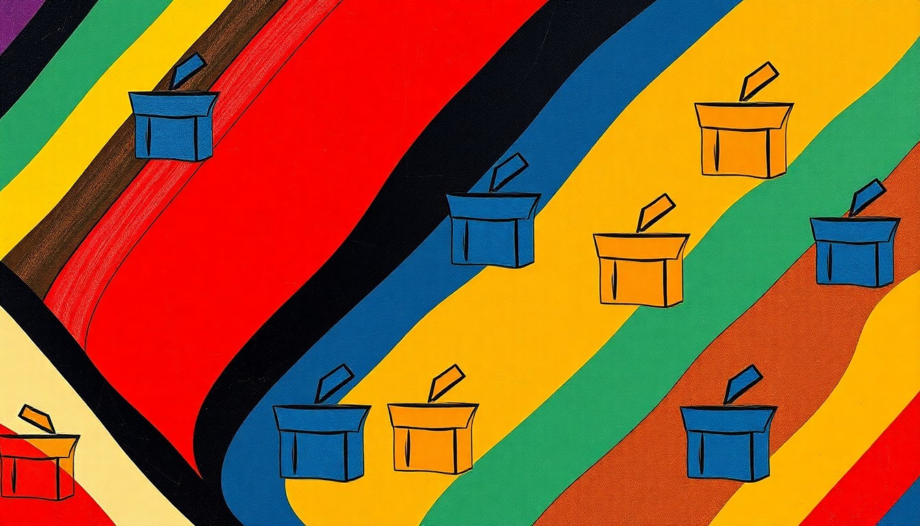 An abstract, fragmented painting in bold, clashing colors depicting an anonymous political symbol, conceptually representing the disruption and lack of clarity in a local election marred by accusations of voter registration manipulation.