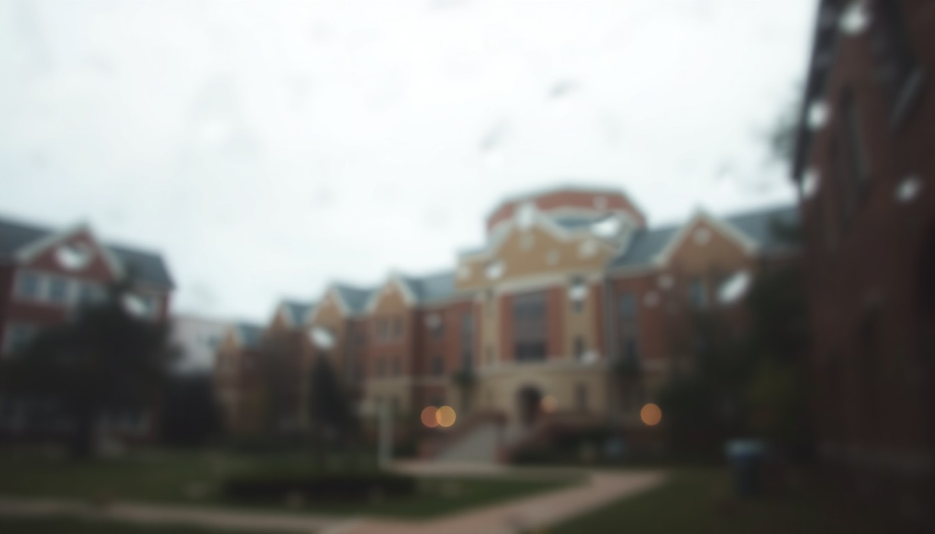 An abstract, impressionistic photograph of a blurred, rain-streaked college campus scene, with soft, warm pools of color and light creating a melancholy, introspective mood.