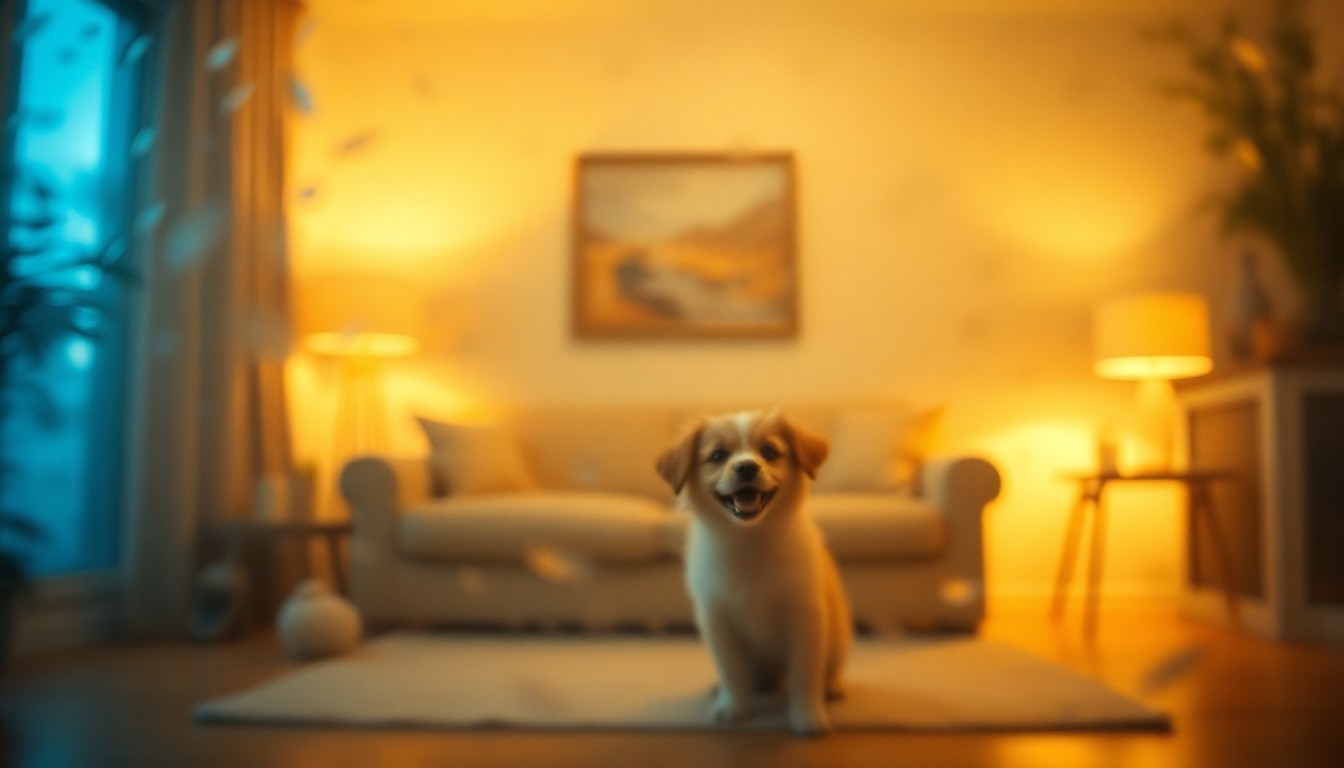 An abstract, impressionistic photograph of a small dog playing in a softly lit living room, with the scene blurred and hazy, conveying a sense of warmth, comfort, and joy.