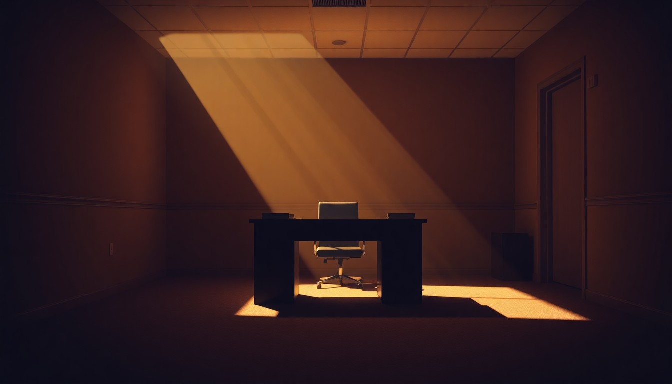 A cinematic painting of an empty government office desk in a dimly lit room, with warm sunlight streaming in through a window and deep shadows across the surface, evoking a sense of quiet contemplation about the preservation of historical records.