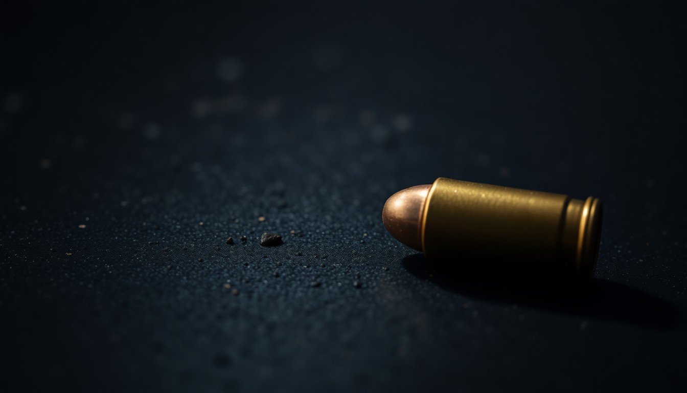 An extreme close-up of a single spent shell casing on a dark, textured surface, creating a stark, investigative visual metaphor for the tragic shooting.