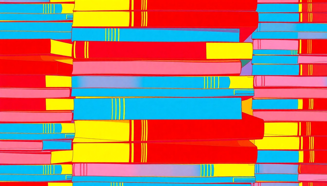 A bold, colorful silkscreen print featuring a repeating pattern of stacked textbooks in bright primary colors, conceptually representing the push for comprehensive education reform in Texas.