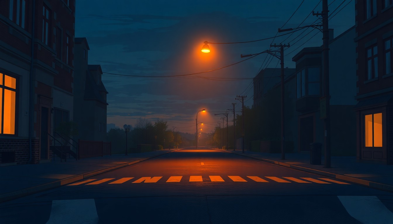 A quiet, cinematic painting of a dimly lit city street at dusk, with a single streetlight casting warm, diagonal shadows across the pavement, conceptually representing the somber mood surrounding threats against a public official.