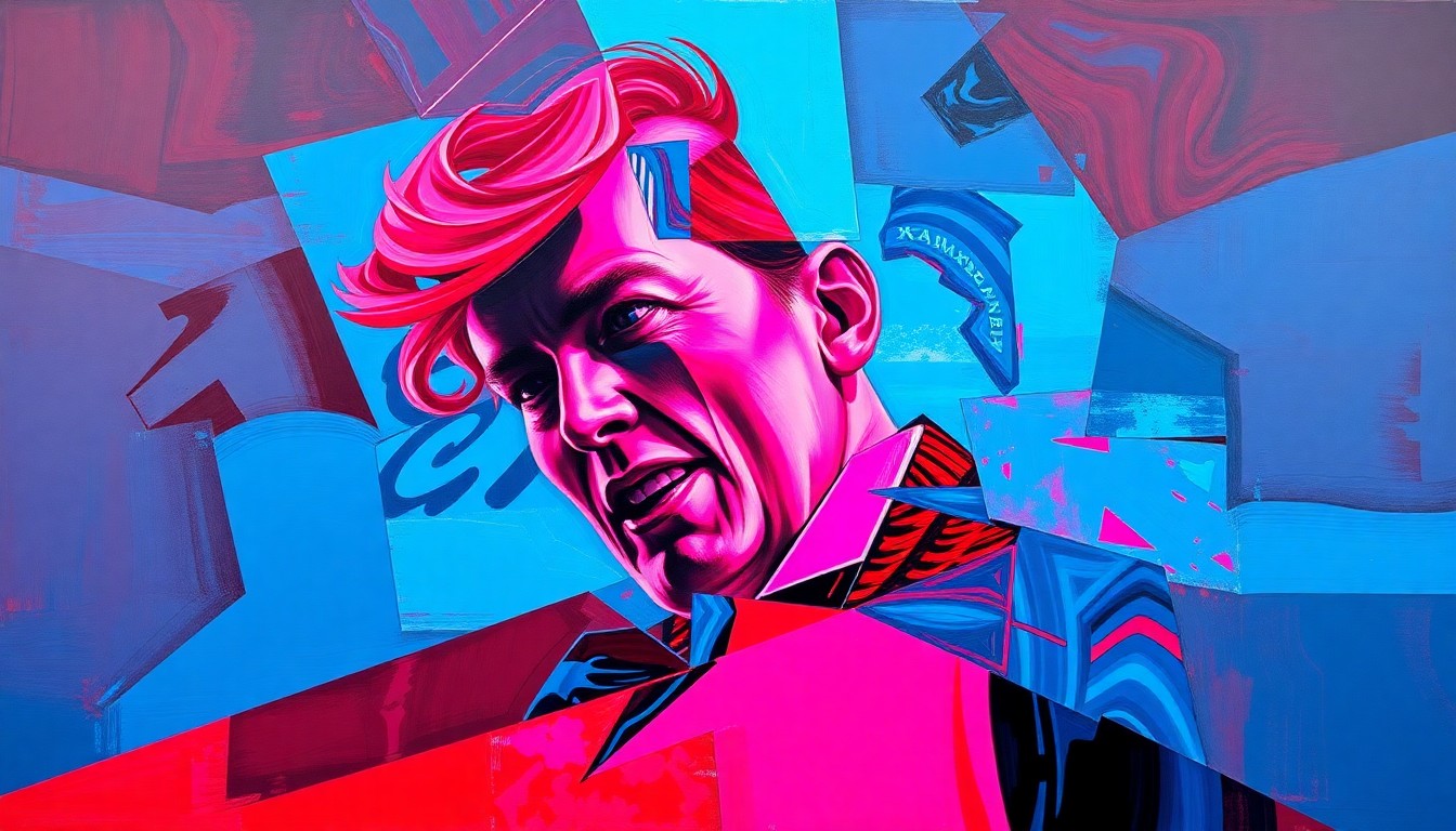 A dynamic, abstract painting in bold, clashing colors depicting a fragmented, moving figure, conveying the turbulent nature of a political scandal.