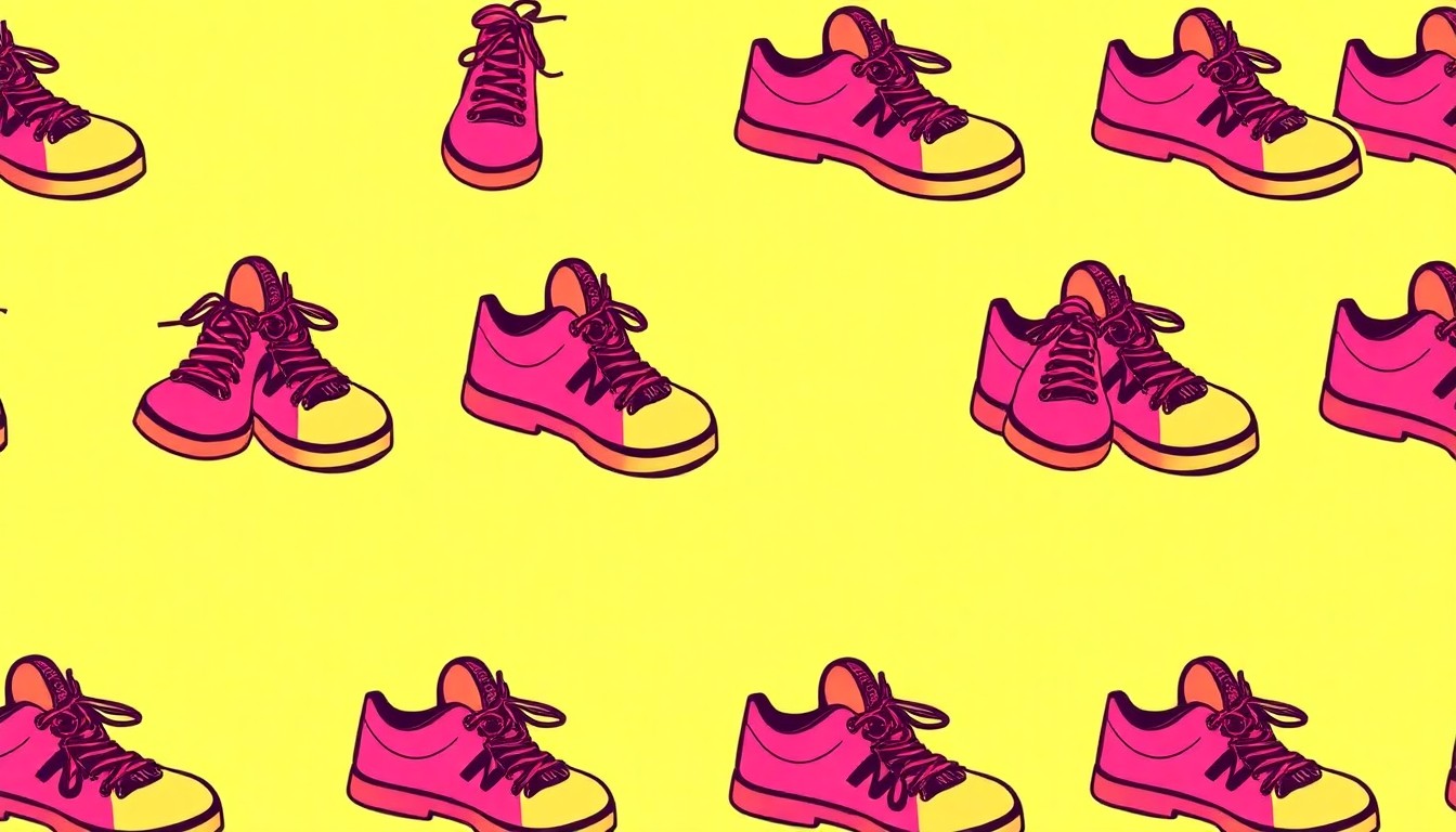 A brightly colored, high-contrast silkscreen print of multiple pairs of sneakers in a repeating grid pattern, representing the footwear worn by participants in the 'Walk a Mile in Their Shoes' fundraiser event.