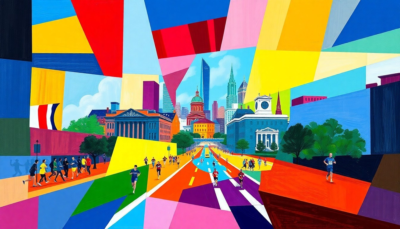 A cubist, geometric painting depicting the Boston Marathon race and its historic landmarks along the course, with sharp, overlapping planes of color representing the event's vibrant energy and deep ties to the state's past.