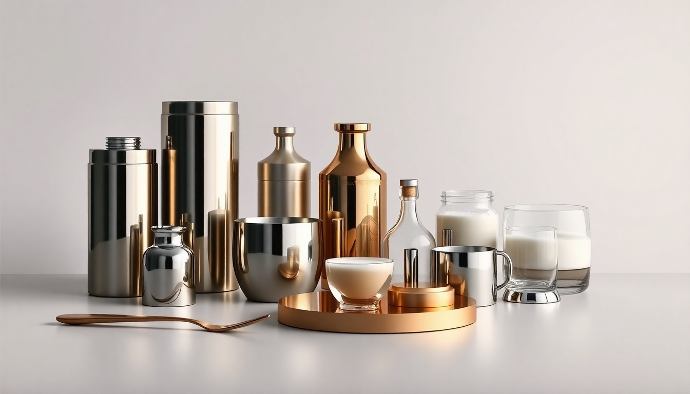 A high-end, photorealistic studio still life featuring a collection of premium, polished metal and glass objects arranged elegantly on a clean, monochromatic background, conceptually representing the advanced genetics, data analytics, and sustainable production practices that Zoetis is bringing to the dairy industry.