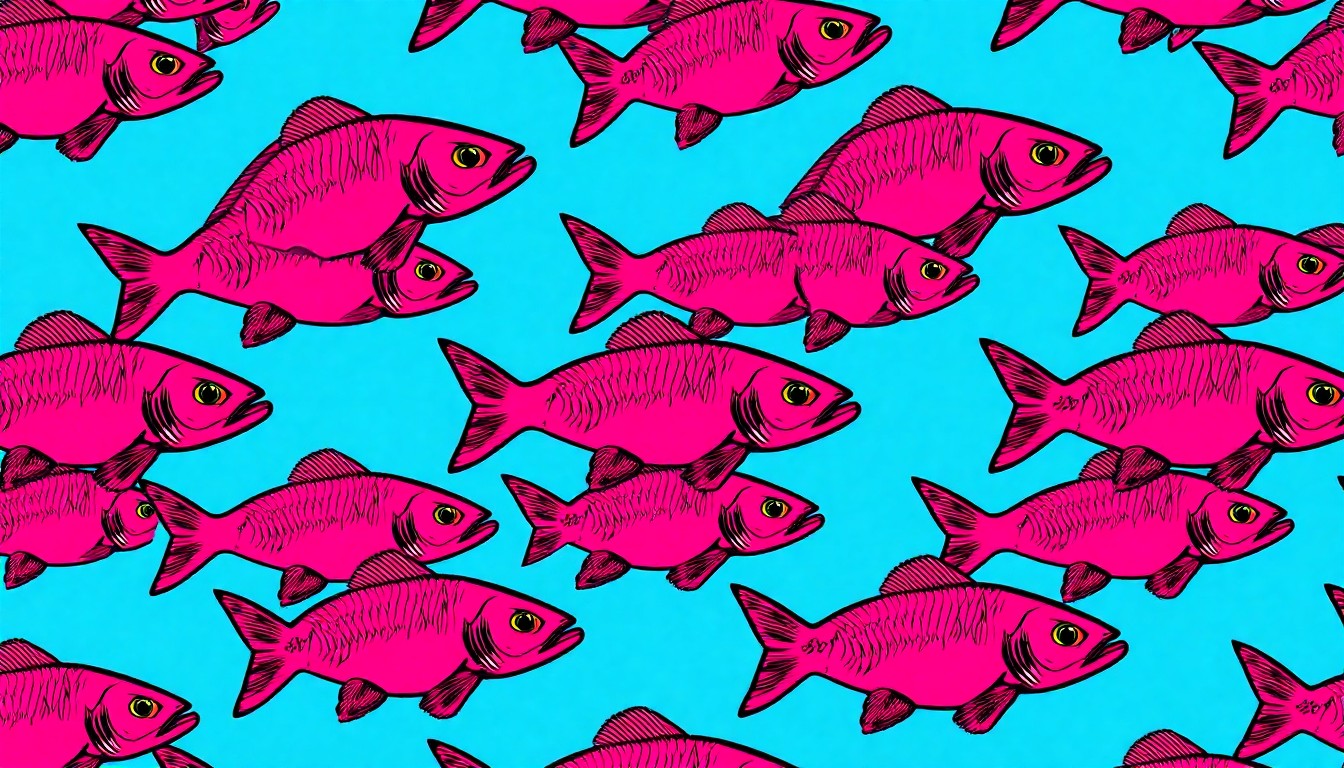 A high-contrast, silkscreen-style illustration featuring a grid of stylized catfish icons in bright neon colors, conceptually representing the regulation of this iconic freshwater species.