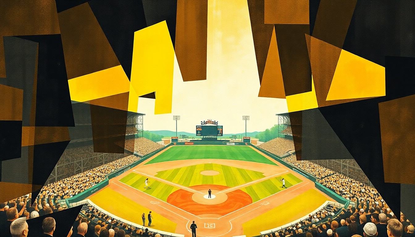 A cubist, geometric painting depicting a baseball game at the Old Joliet Prison, with the Slammers' yellow and black uniforms breaking down into overlapping planes of color and shape.