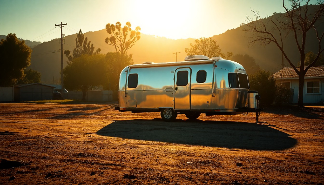 An extreme close-up of a solitary Airstream trailer parked on a charred, debris-strewn lot, the warm sunlight casting deep shadows and creating a sense of quiet resilience in the face of adversity.