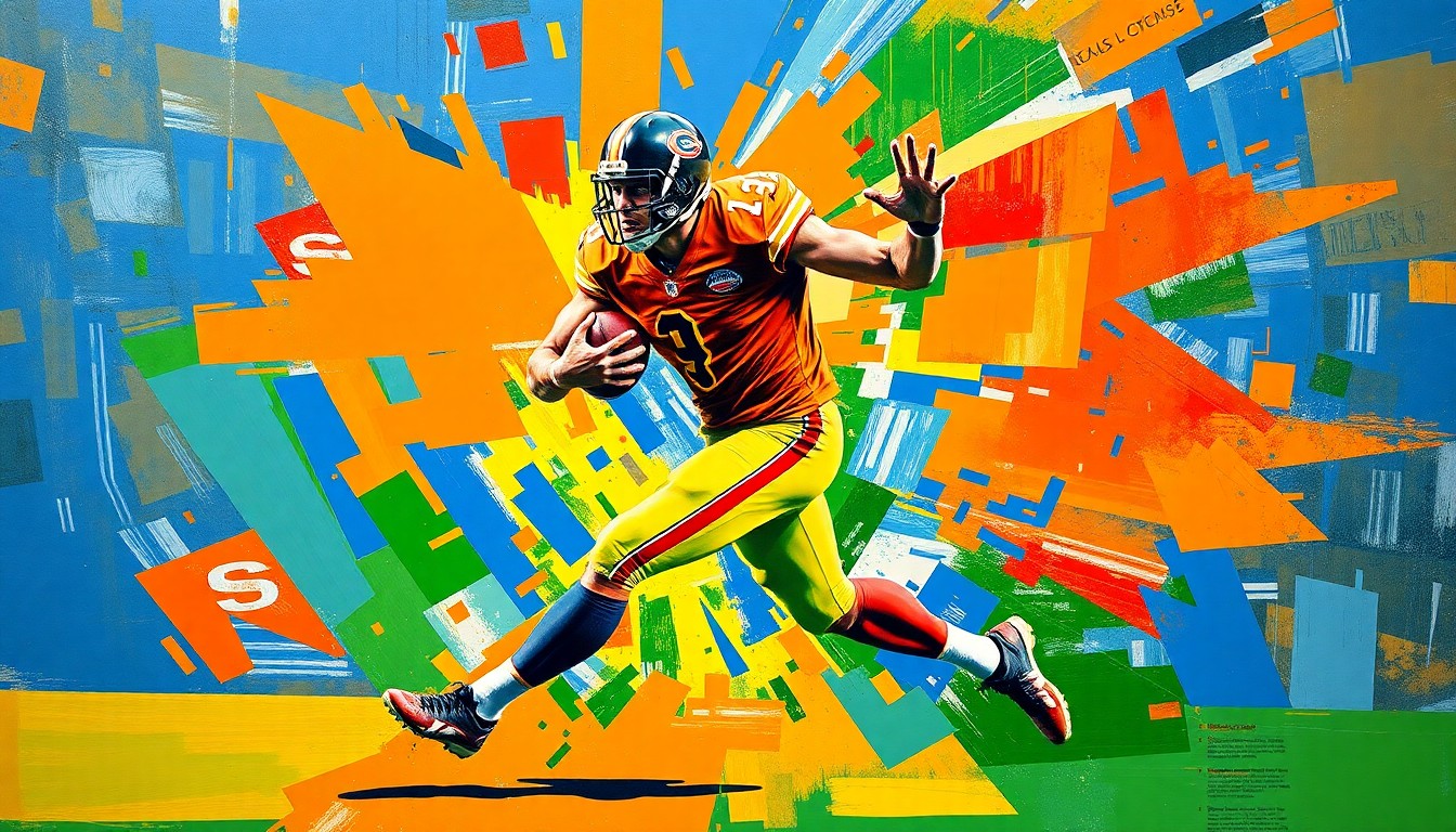 A cubist-style painting depicting a football player's dynamic movements broken down into sharp, overlapping geometric shapes in vibrant colors, capturing the raw energy and potential of the prospect.