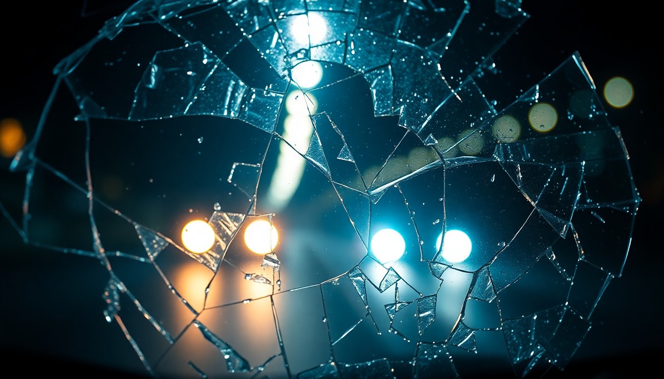 An extreme close-up photograph of shattered car window glass reflecting the faint glow of emergency lights, conceptually illustrating the aftermath of a high-speed collision.