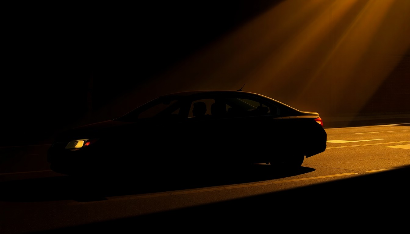 A moody, cinematic painting of a solitary parked car on a city street, with the faint outline of a person visible through the window, conveying a sense of isolation and unease.