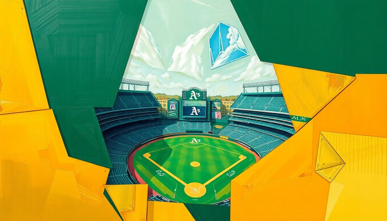 A cubist, geometric painting depicting an abstract, fragmented view of a professional sports stadium or arena, with sharp planes of green and gold colors representing the Oakland Athletics' team colors.
