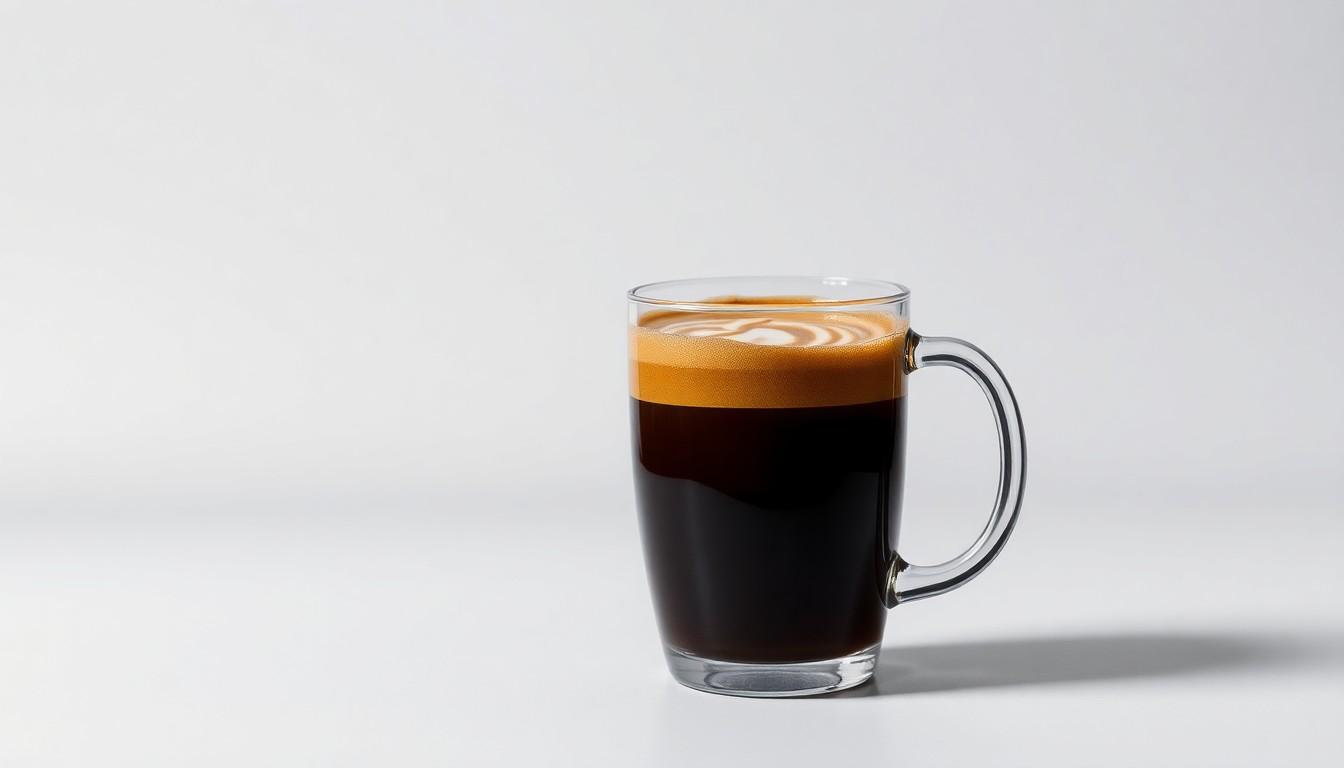 A photorealistic studio still-life image showing a sleek glass coffee mug filled with a rich, dark espresso-based drink featuring intricate latte art swirls, conceptually representing the high-quality and craftsmanship of the 7 Brew Coffee brand.