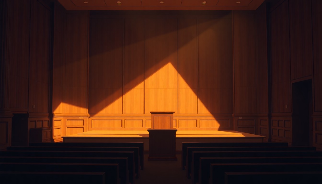 A quiet, cinematic painting of an empty courtroom with a single wooden podium in the center, bathed in warm, diagonal sunlight and deep shadows, conceptually representing the high-stakes political battle over the Wisconsin Supreme Court.