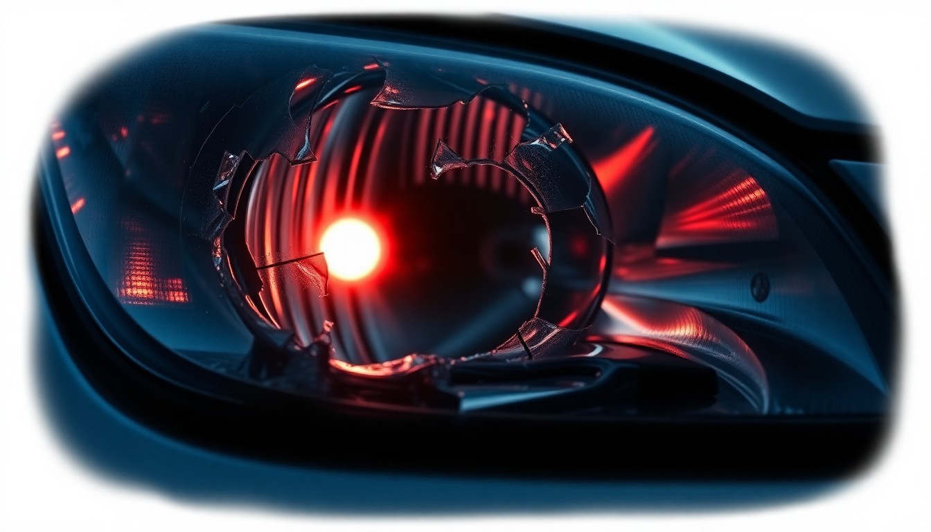 An extreme close-up of a shattered car headlight lens reflecting a faint red light, conceptually representing the devastation of a fatal highway accident.
