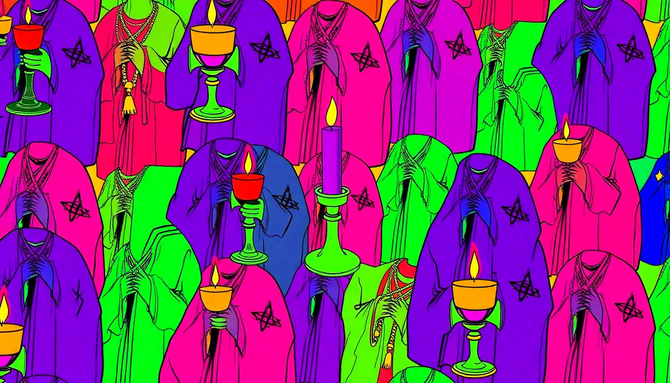 A high-contrast silkscreen print featuring an iconic Pagan ritual object, such as a chalice or ceremonial robe, repeated in a grid pattern with a vibrant, neon color palette, conceptually representing the transformative power of the festival's embodied spiritual practices.