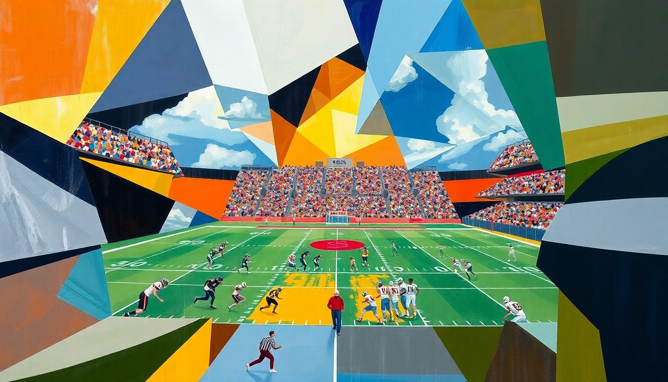 A fragmented, geometric painting depicting the action and energy of a high school football game, with the players, field, and stadium rendered in an abstract cubist style.