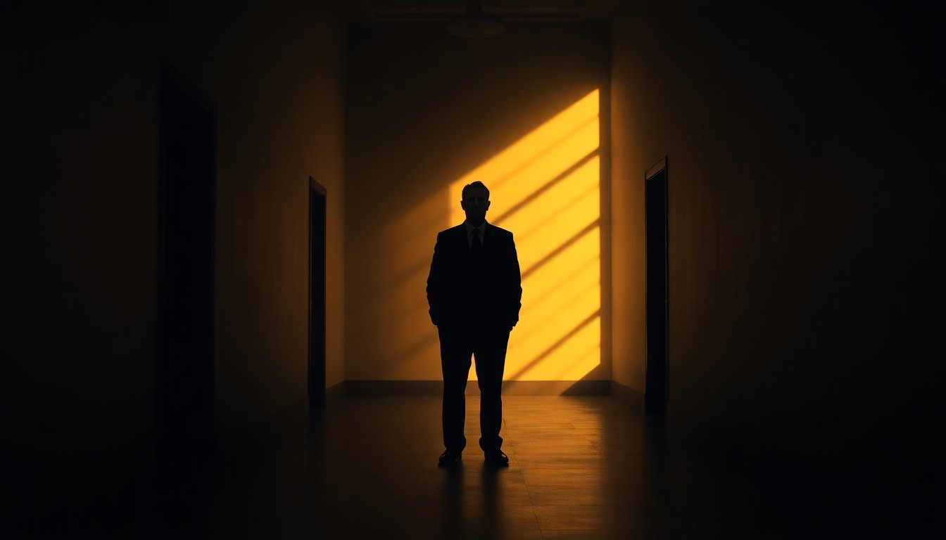 A shadowy, solitary figure of a politician or government official standing alone in an empty, dimly lit government building hallway, bathed in warm, diagonal sunlight and deep shadows, conveying a sense of isolation and unease.