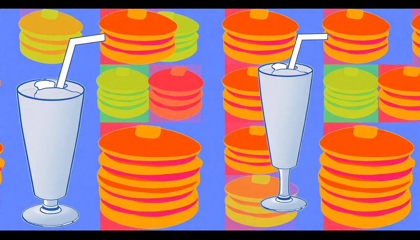 A brightly colored, high-contrast silkscreen print of a stack of pancakes repeated in a tight grid pattern, utilizing flat, vibrant neon color palettes and heavy black outlines to transform the everyday diner item into modern pop art.