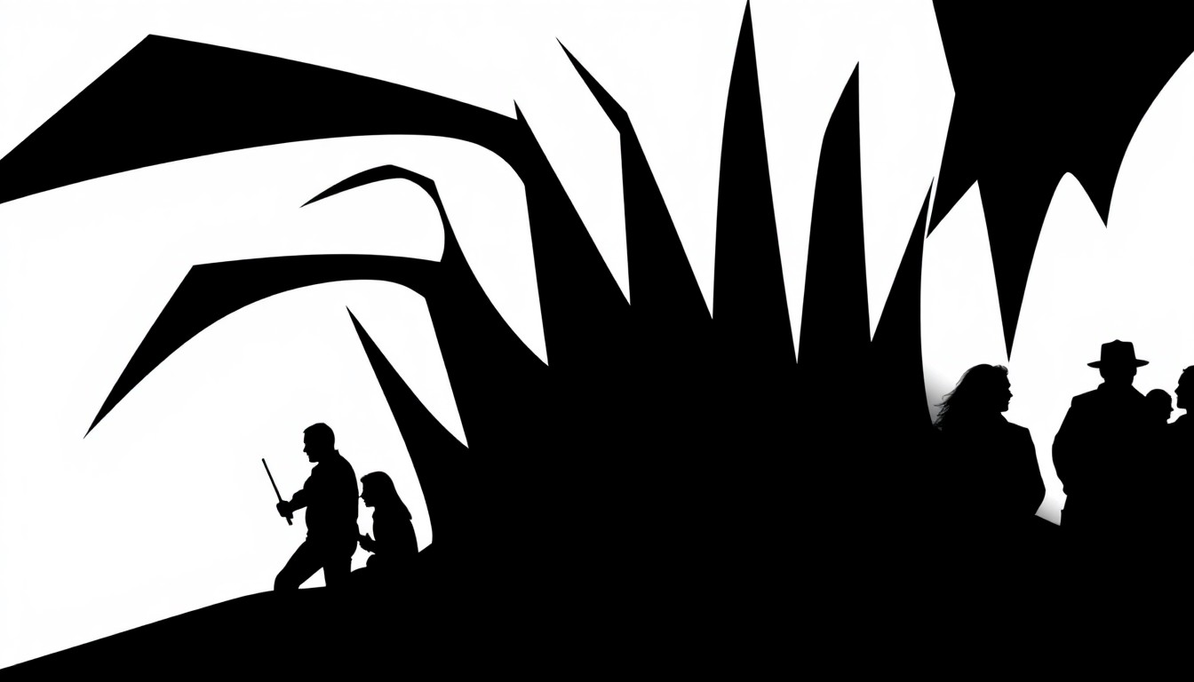 A striking, abstract composition of bold, jagged shapes and silhouettes in high-contrast red and white, capturing the energy and creativity of a community arts festival.