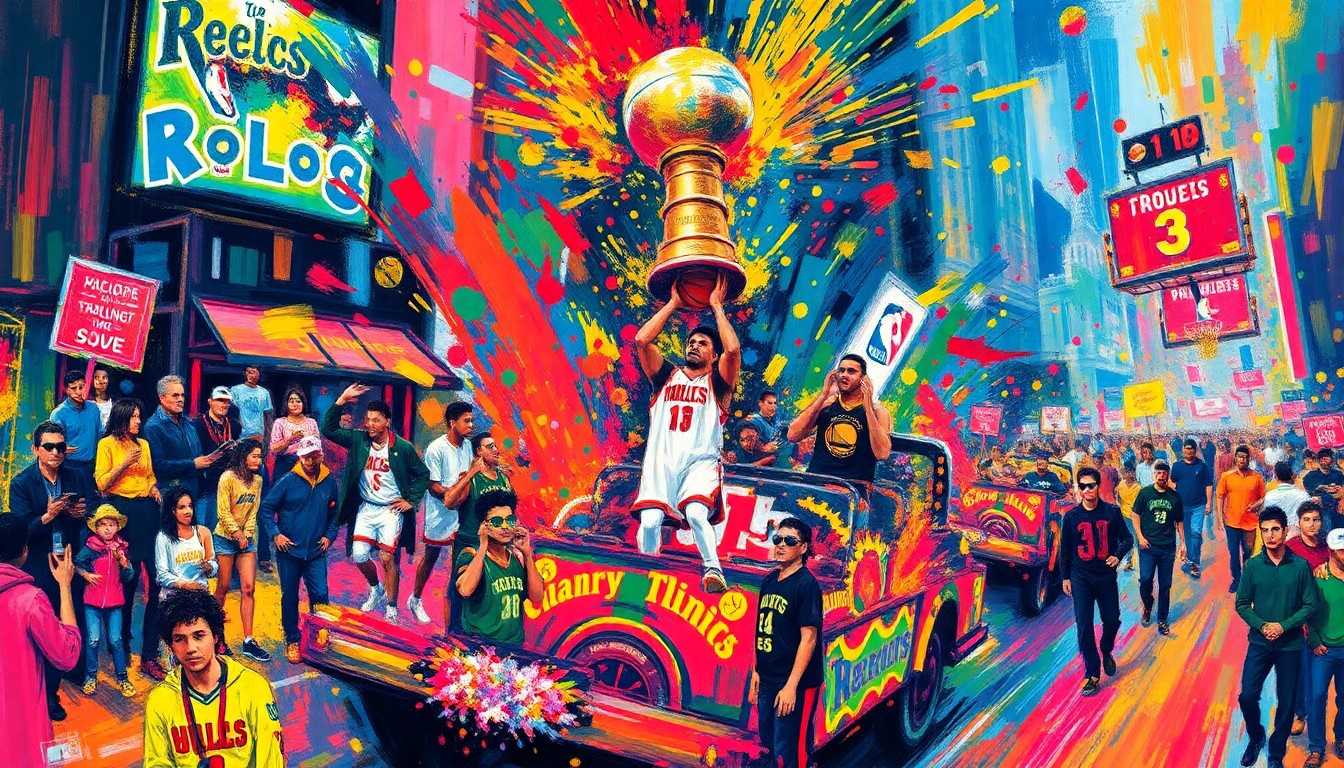 An abstract, expressionist painting in vibrant neon colors, with rapid brushstrokes capturing the energy and movement of a championship parade, dissolving figures and objects into unrecognizable shapes and splatters.