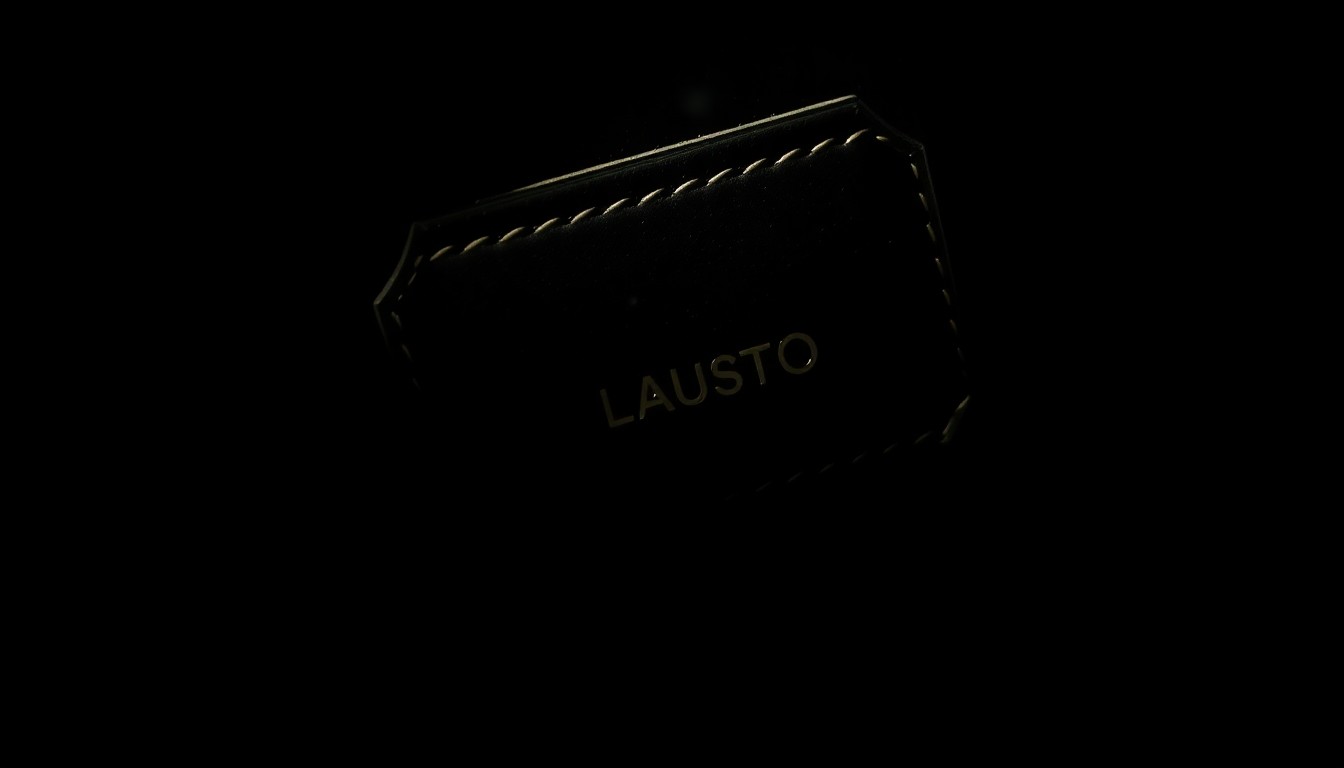 An extreme close-up photograph of a counterfeit designer handbag tag or label, capturing the harsh textures and dramatic lighting to convey the serious, investigative nature of this crime.