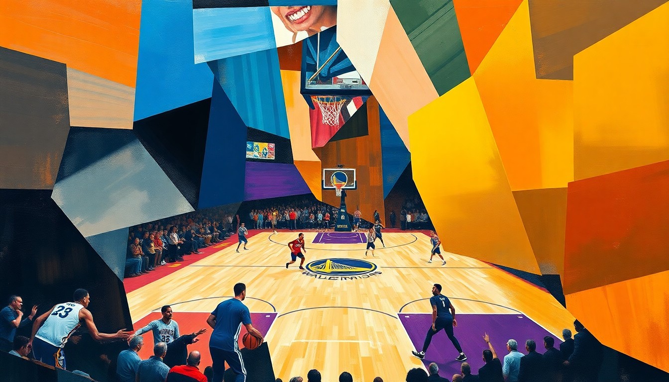 A dynamic, abstract painting in the style of Pablo Picasso, featuring overlapping geometric shapes and planes that deconstruct a basketball game between the Sacramento Kings and Golden State Warriors, capturing the raw energy and movement of the players on the court.