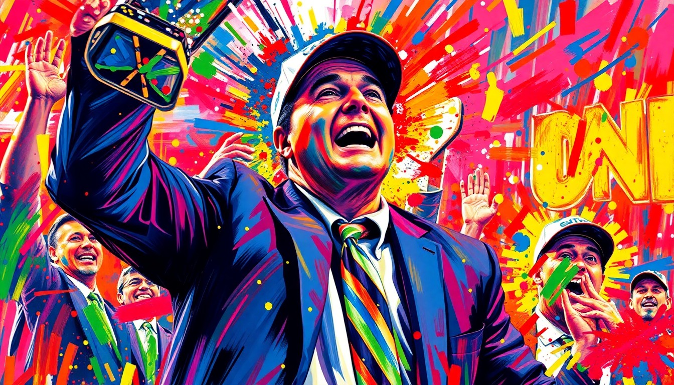 An abstract, energetic painting featuring bold brushstrokes in neon colors, capturing the raw emotion and passion of a college basketball coach celebrating a national title victory.