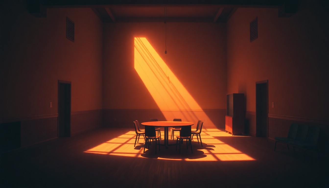 A dimly lit, cinematic interior scene with a few chairs arranged in a semicircle, casting long shadows across the floor and walls, conveying a sense of anticipation and community engagement.