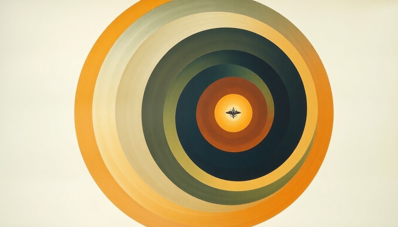 A highly structured abstract painting in soft, earthy tones of ochre, sage, and indigo, featuring sweeping geometric arcs, concentric planetary circles, and precise botanical spirals, conceptually representing the Artemis II spacecraft's historic journey to the moon and back.