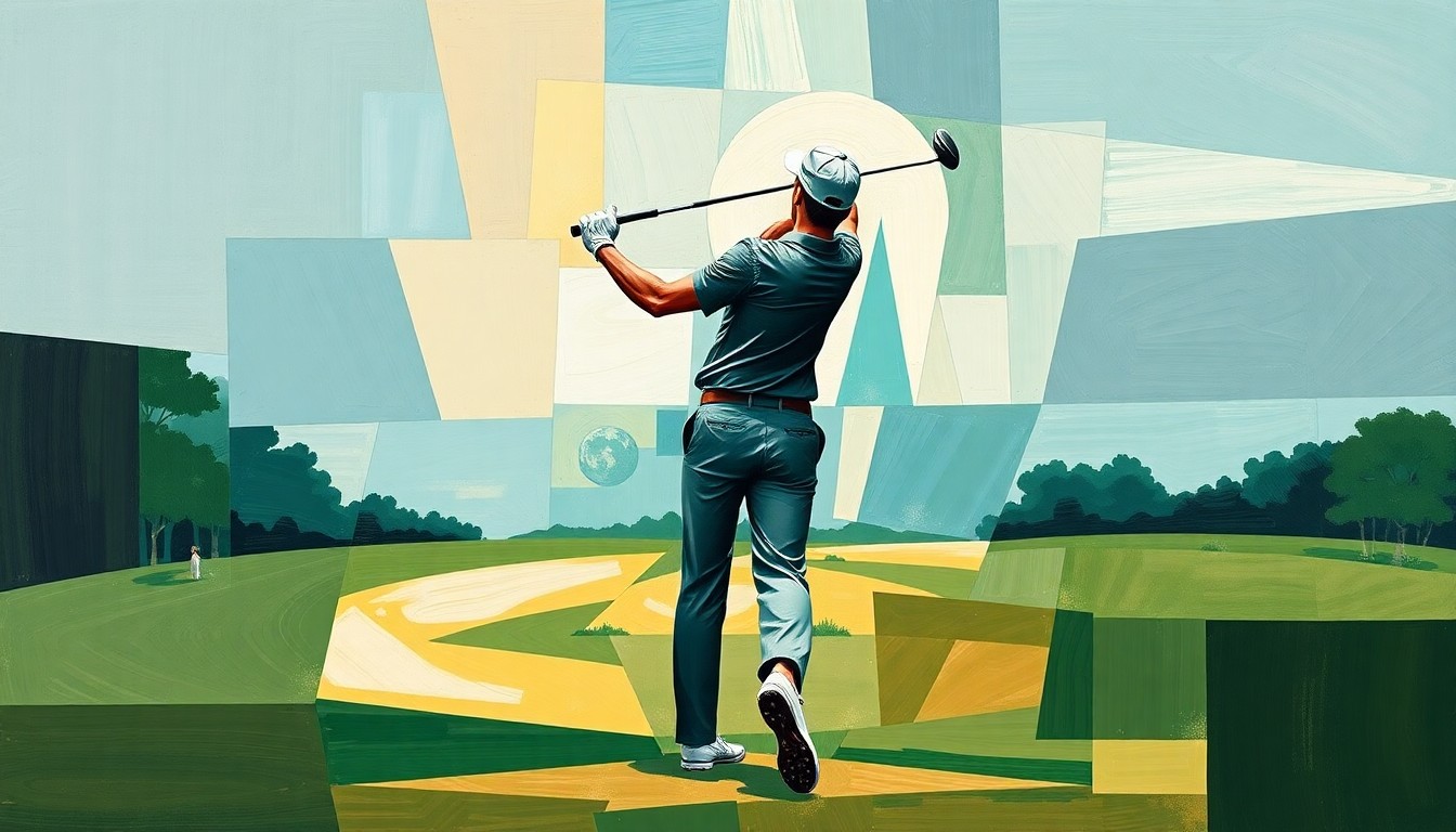 A cubist, geometric painting depicting a golfer's swing broken down into overlapping planes of green, blue, and beige, conceptually representing the inclusive and supportive nature of the adaptive golf program.