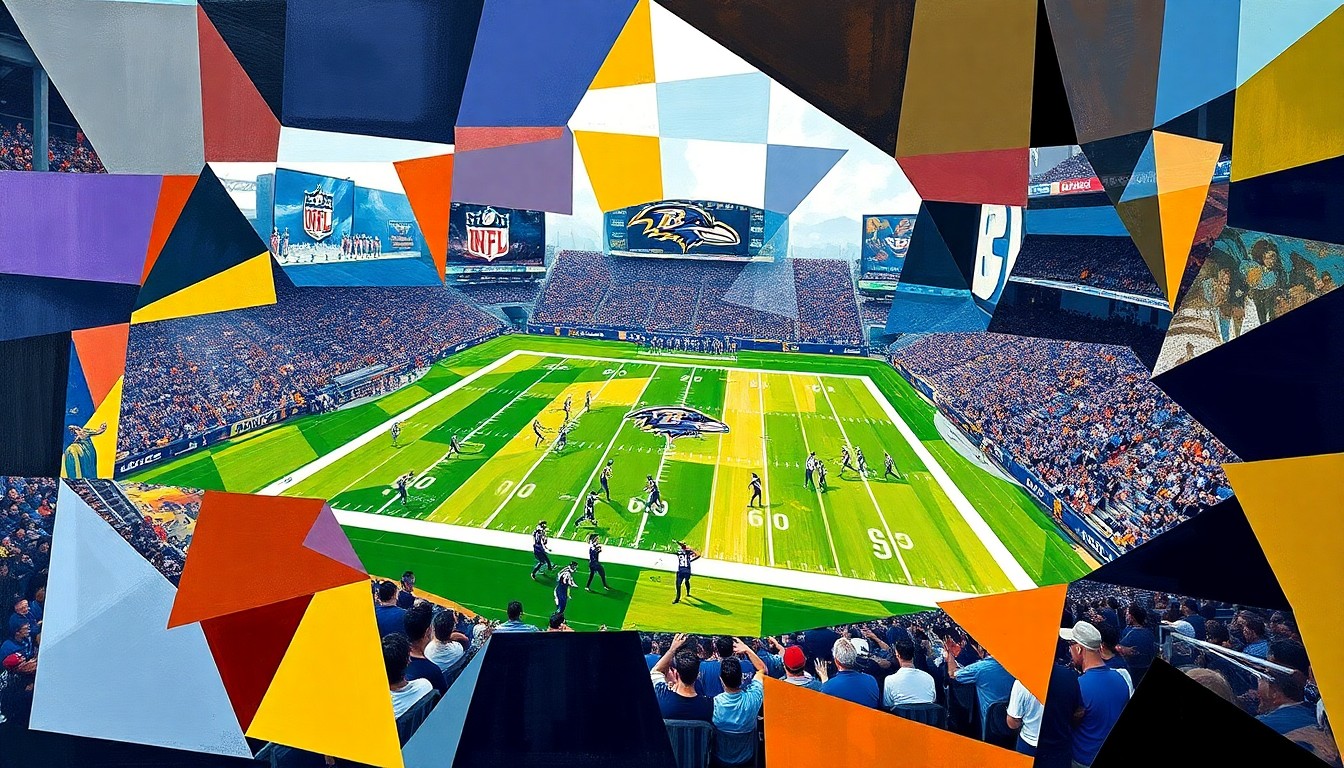 A cubist, geometric painting depicting a fragmented football game or match, with sharp planes of the Ravens' official colors of purple and black.