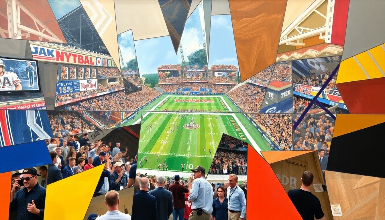 A cubist, geometric illustration depicting various football players and draft elements in a fragmented, multi-perspective style, conceptually representing the complexity and anticipation surrounding the 2026 NFL Draft.