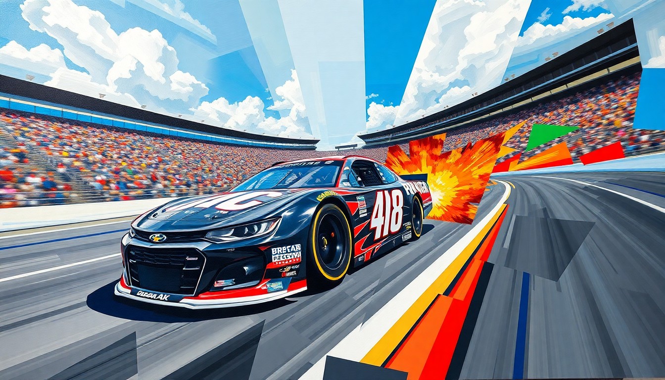 A cubist, geometric painting depicting a NASCAR stock car racing at Bristol Motor Speedway, with the car broken down into sharp, overlapping planes of color and form.