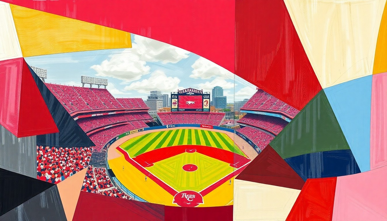 A fragmented, cubist-style painting depicting the dynamic movements and competing forces of a college baseball game, using the official team colors to represent the two programs.