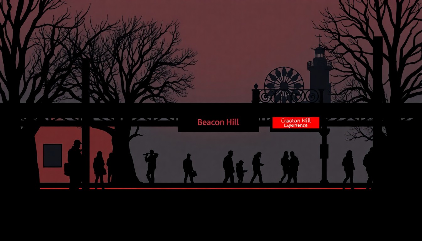 A minimalist, abstract illustration featuring jagged, black silhouettes against a deep red background, conceptually representing the unsettling atmosphere of the Beacon Hill Light-Rail Station's horror movie experience.