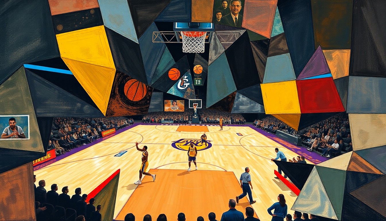 A cubist, geometric painting depicting a fragmented basketball game, with overlapping planes of color and shape representing the action on the court.