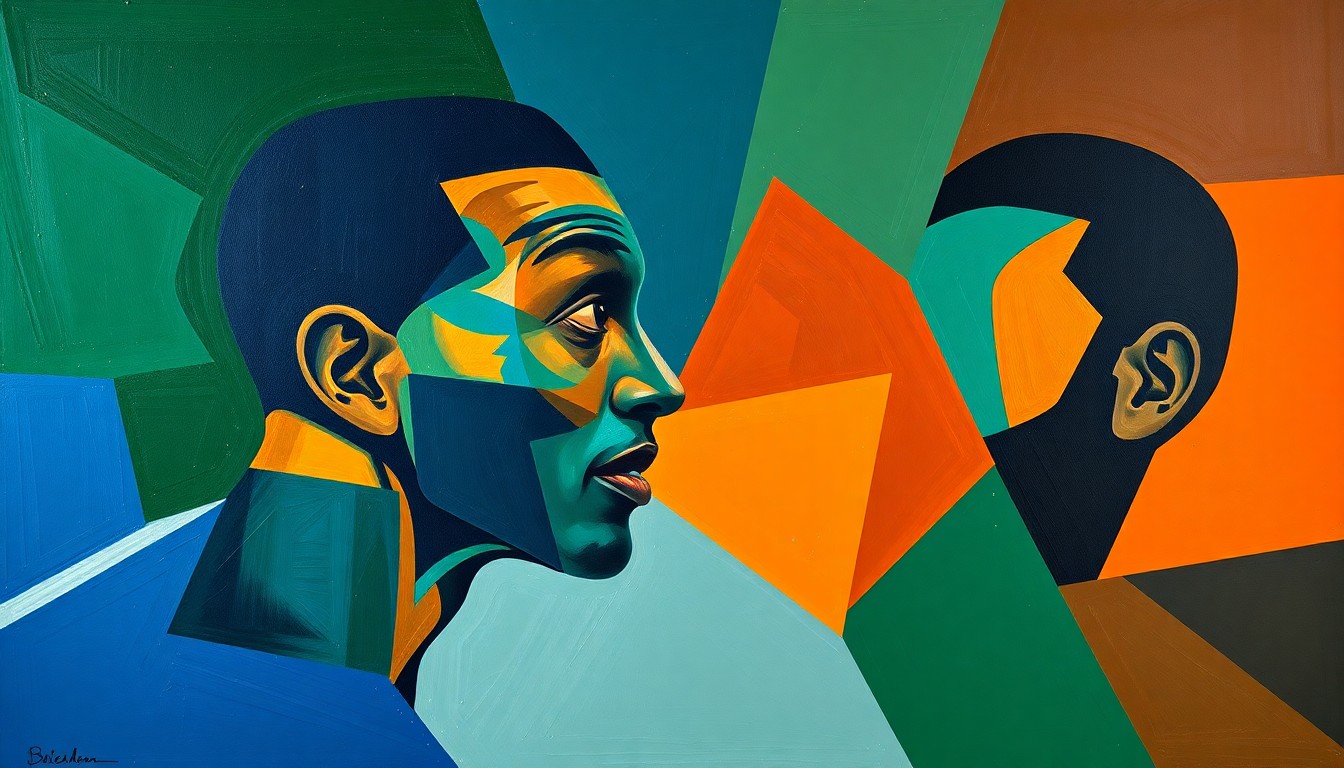 A fractured, geometric painting depicting the collision between two players, with sharp planes of color representing the force of the impact and the uncertainty surrounding Wembanyama's status.