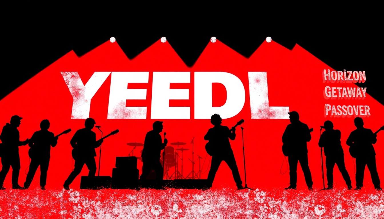 An abstract, minimalist illustration using bold black silhouettes and high-contrast colors to represent the lively energy and musical performance of YEEDLE at a Passover event in Atlanta.