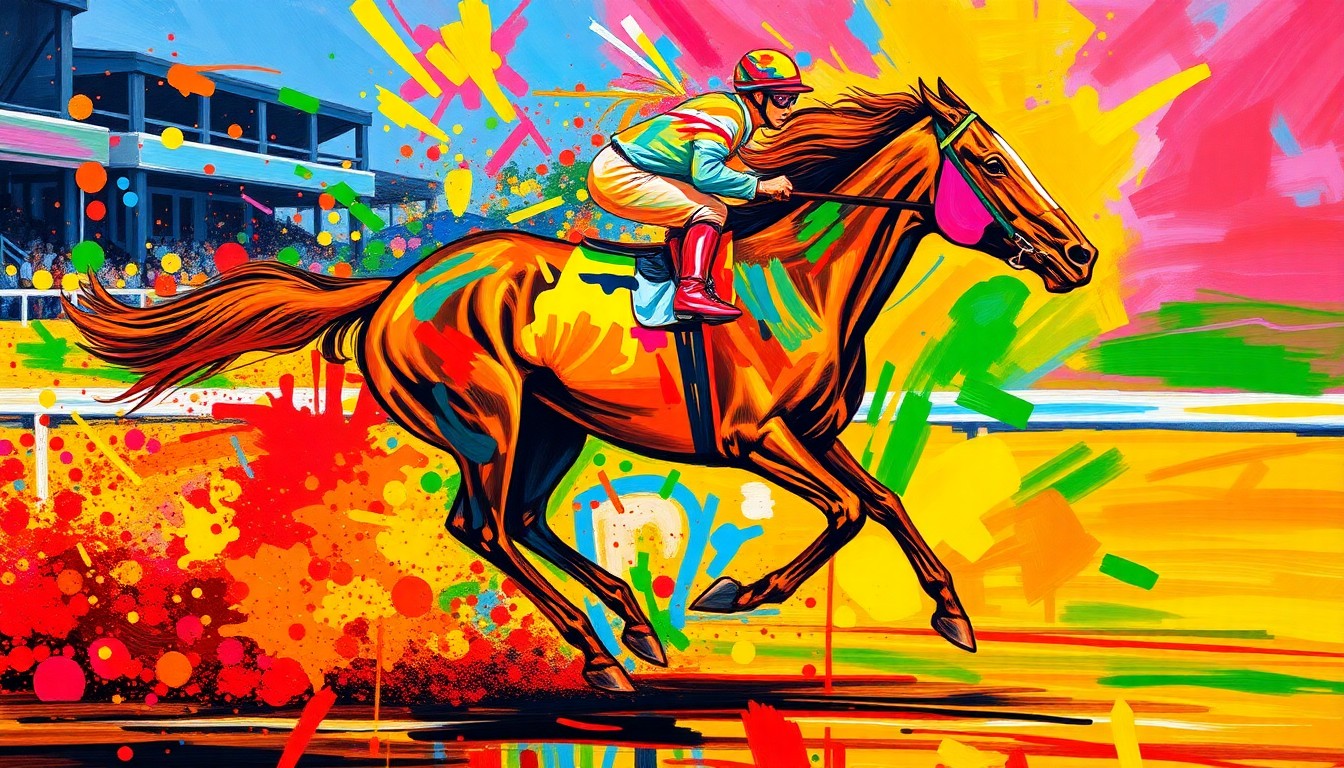 An abstract, expressionist painting in vibrant neon colors depicting the powerful, surging motion of a Thoroughbred racehorse, with the horse's form dissolving into energetic brushstrokes, conceptually representing the raw athleticism and excitement of a winning debut performance.