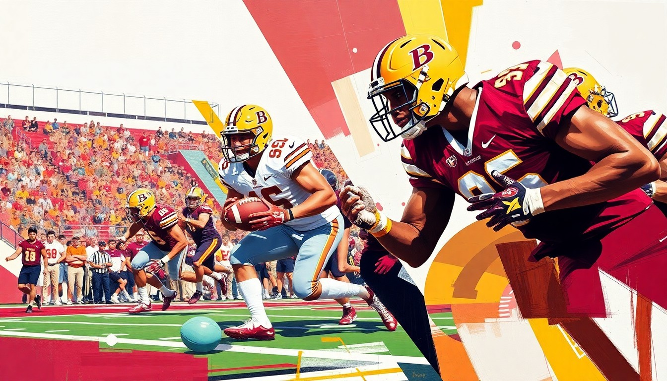 A cubist, geometric painting featuring overlapping planes of maroon and gold, capturing the dynamic energy and motion of a college football recruiting scene.