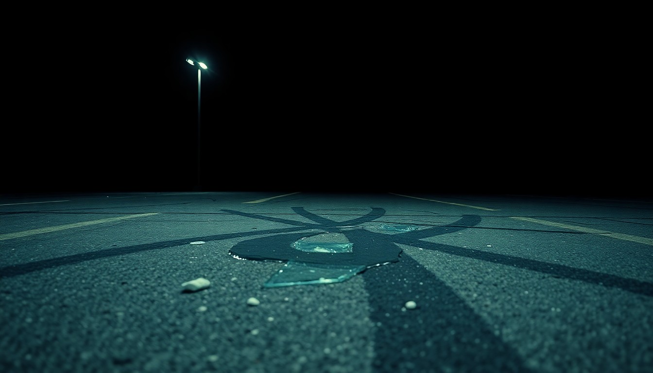 An extreme close-up photograph of broken glass and skid marks on the pavement of a parking lot, conveying the gritty aftermath of the unauthorized car rallies disrupting local businesses.