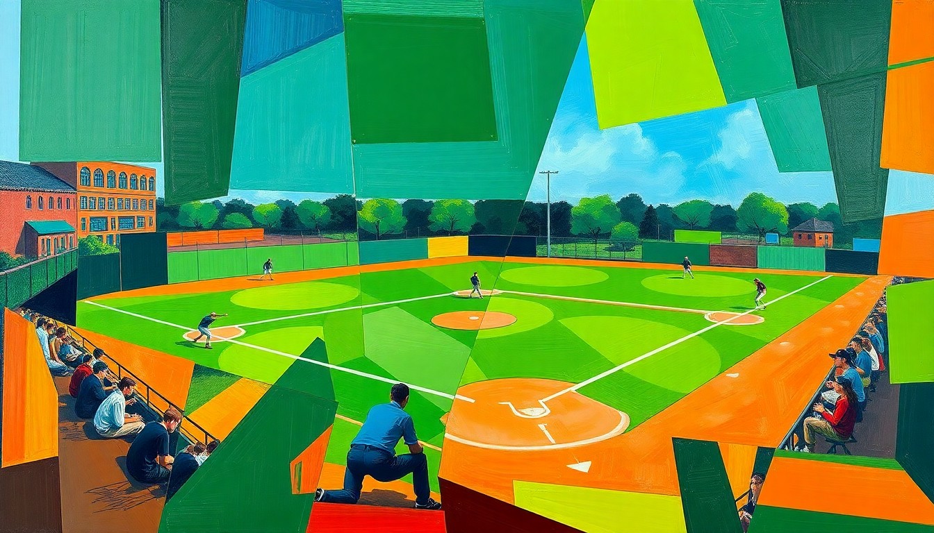 A cubist, geometric painting depicting a high school softball game, with the players and field broken down into sharp, overlapping planes of vibrant green, blue, and orange colors.